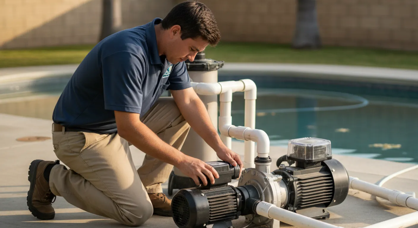 San Diego pool technician inspecting a booster pump on a backyard equipment pad next to the main filter pump