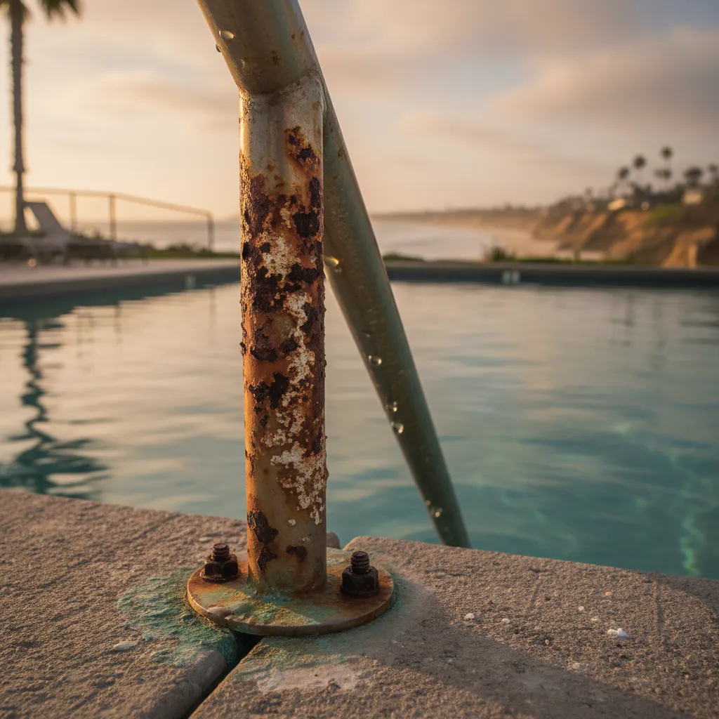 Close-up on a corroded metal handrail bracket at the edge of a pool, showing the effects of salt air, with the Carlsbad coastline blurred in the background.