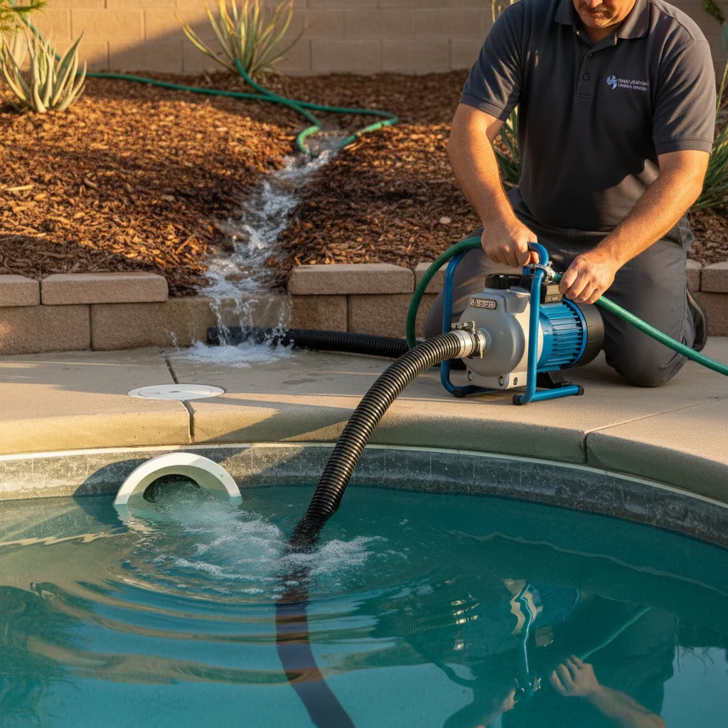 Submersible pump on pool deck during a partial drain, hose discharging water into a side yard