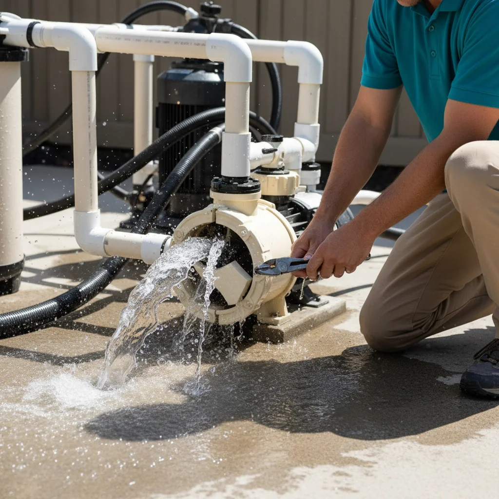 Close-up of a leaking pool pump with water spraying from a cracked housing and a puddle forming on the equipment pad