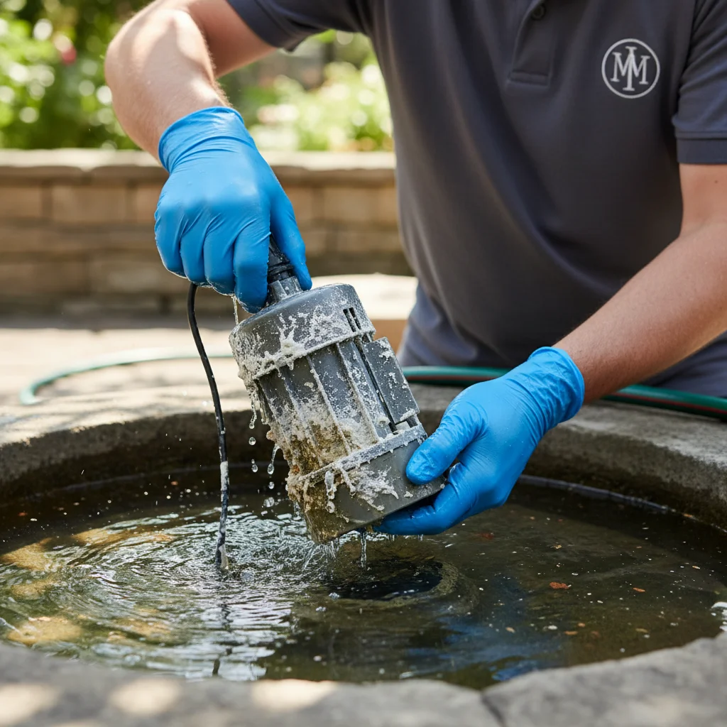 Close-up of a fountain pump lifted from a basin showing calcium buildup on the impeller with gloved hands