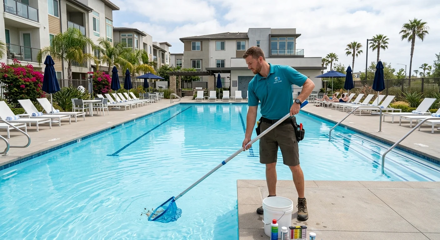 A large, pristine community pool in a modern San Diego condo complex, with clean lounge chairs and perfect blue water.