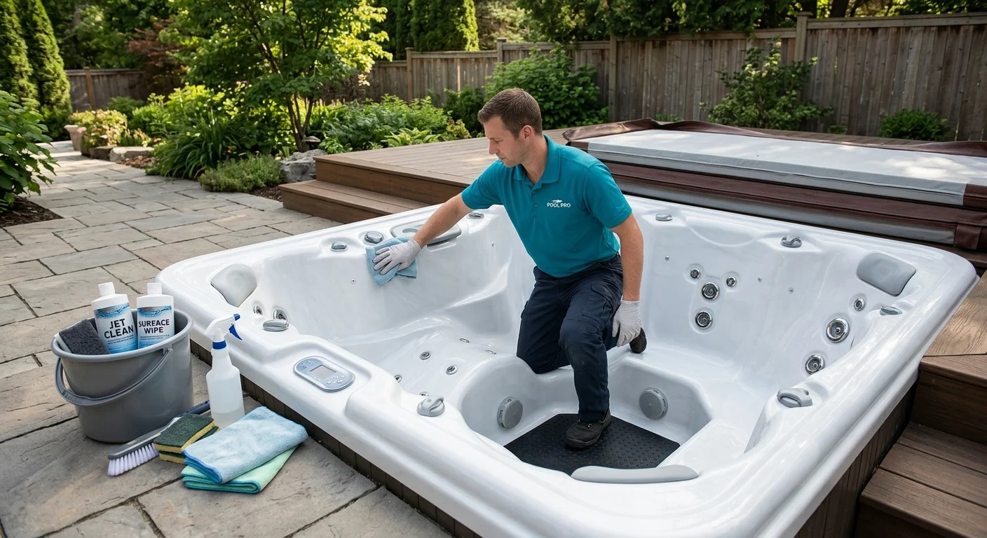 A technician carefully wiping down the interior of a sparkling clean and empty hot tub, with cleaning supplies nearby.