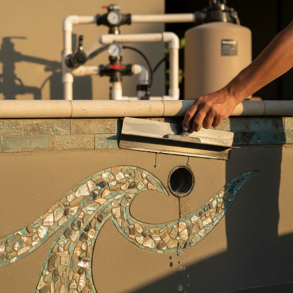 A detailed shot of a trowel smoothing a new layer of plaster around a custom mosaic tile feature in a luxury pool.