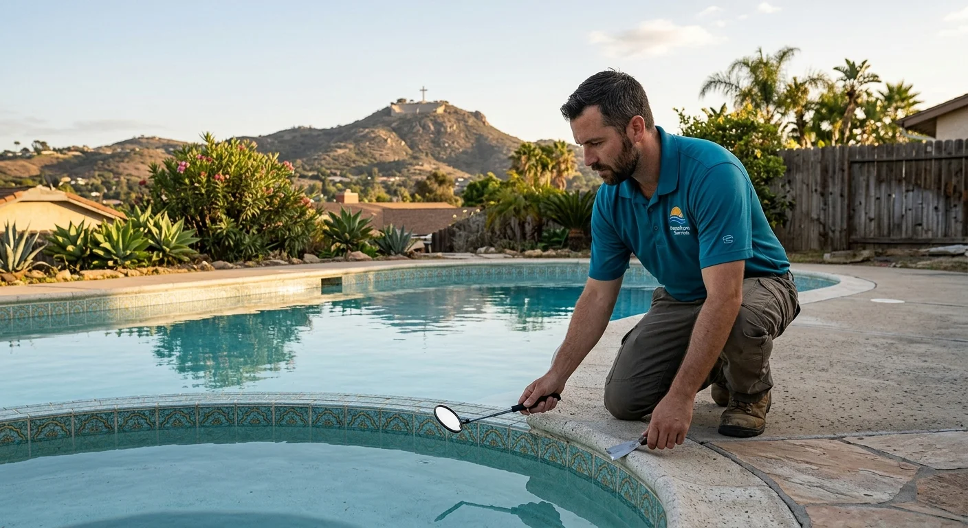 A technician inspecting the tile line of a classic 1970s-style kidney-shaped pool in a La Mesa backyard, with Mount Helix in the background.