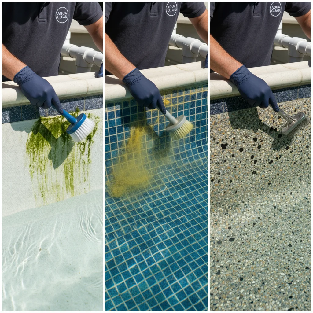 Three close-up panels showing green, yellow, and black algae on pool surfaces side by side