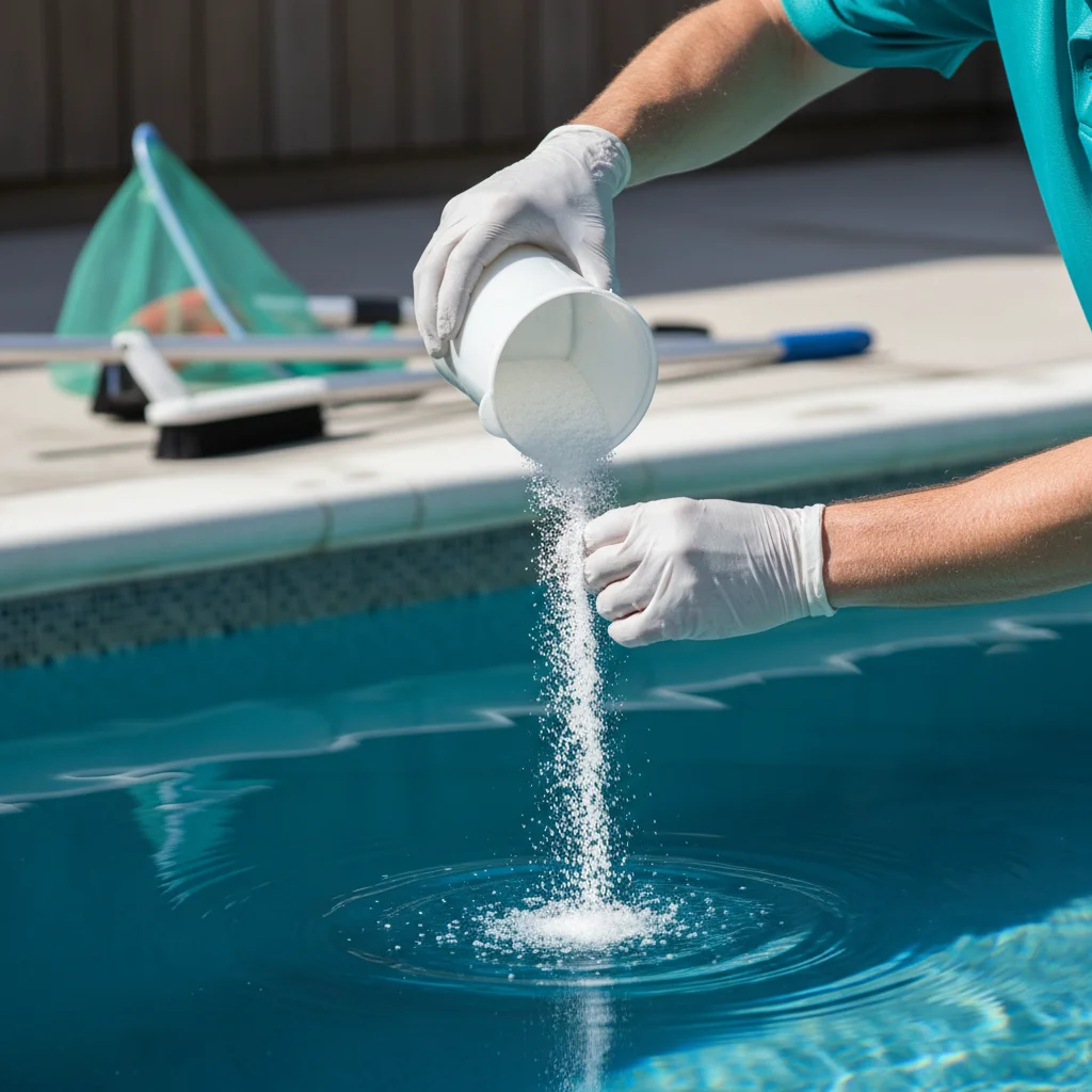 A gloved hand carefully pouring dry acid from a measuring cup into pool water.