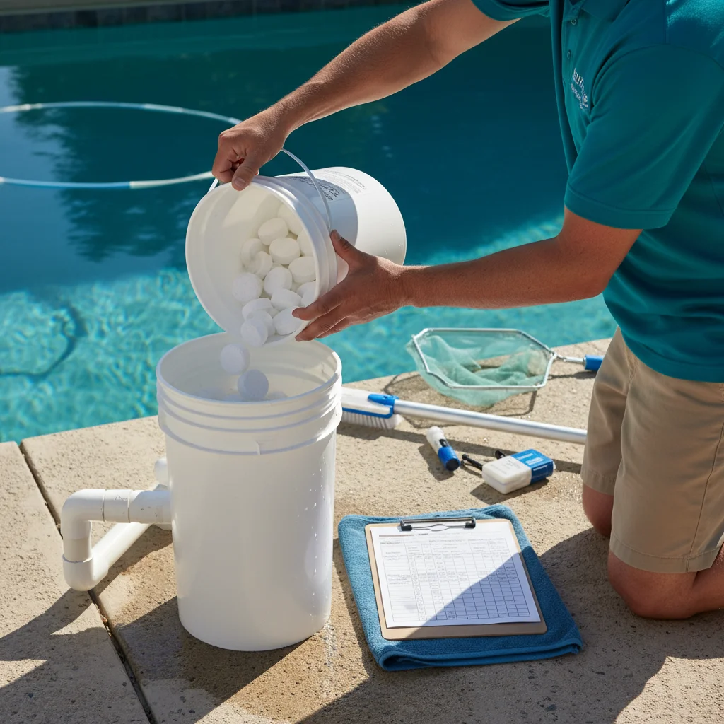 Close-up of a pool technician filling a chlorine dispenser on a Chula Vista pool deck.