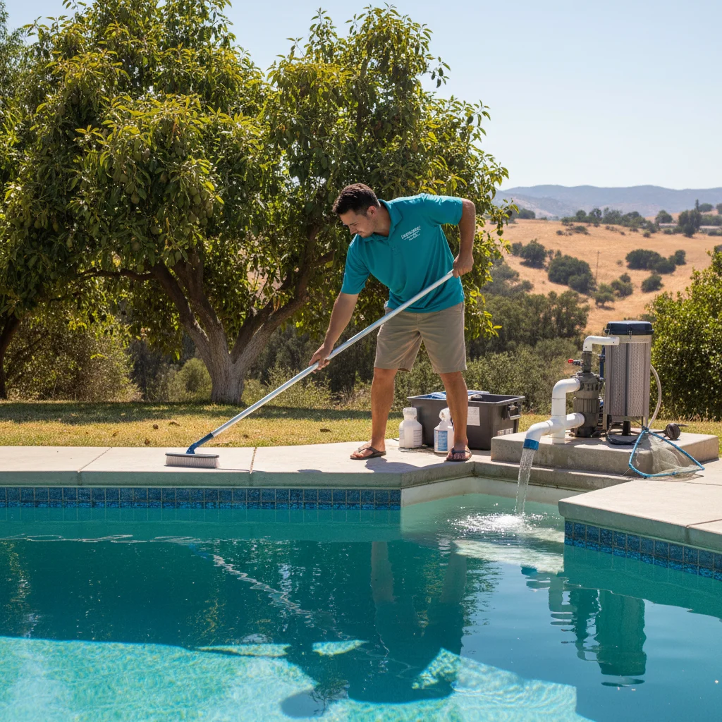 Escondido backyard pool with avocado trees and inland hills, technician brushing waterline tile in afternoon heat