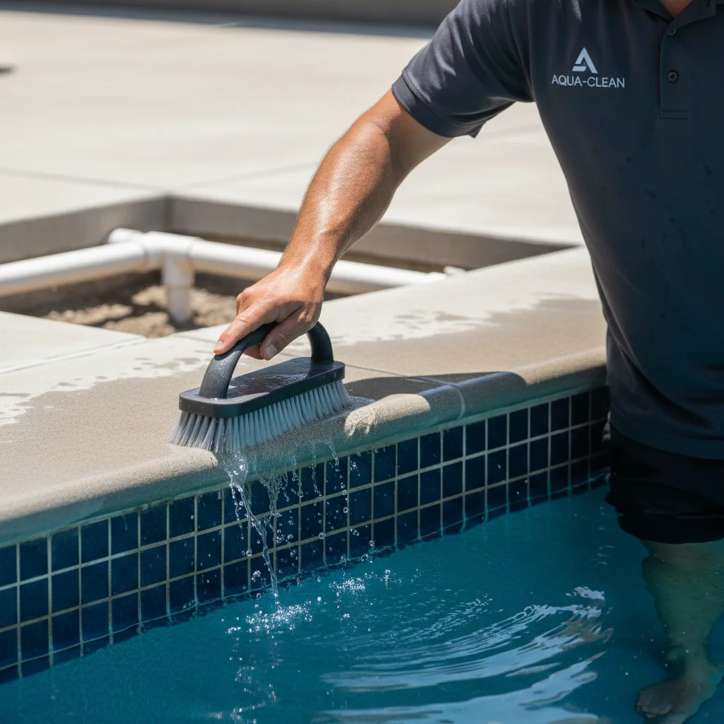Technician brushing calcium deposits from polished tile waterline on an estate pool