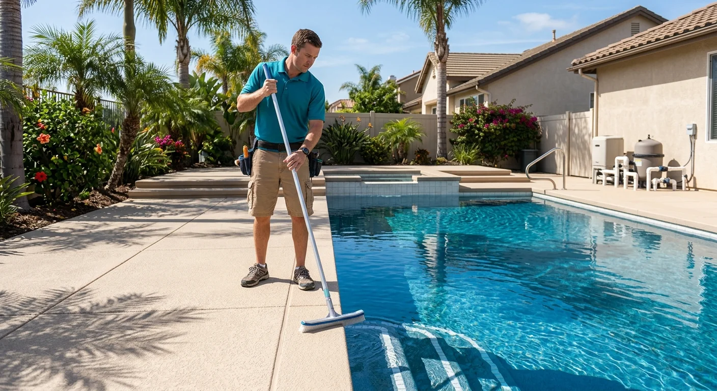 A freshly resurfaced San Diego pool deck with a clean textured cool-deck finish, blue water, palm shadows, mid-afternoon light.
