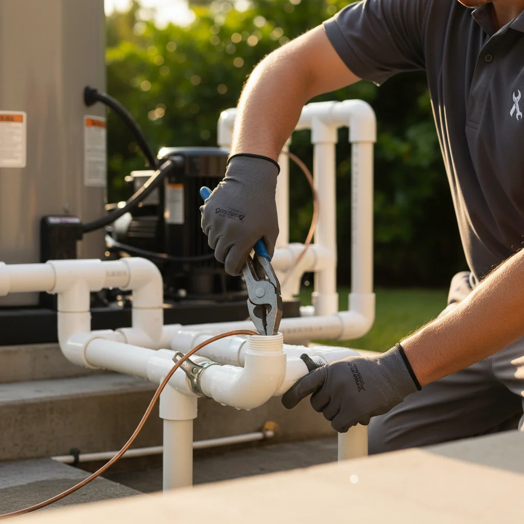 Technician tightening a union on schedule-40 PVC at a pool equipment pad with copper bonding wire visible