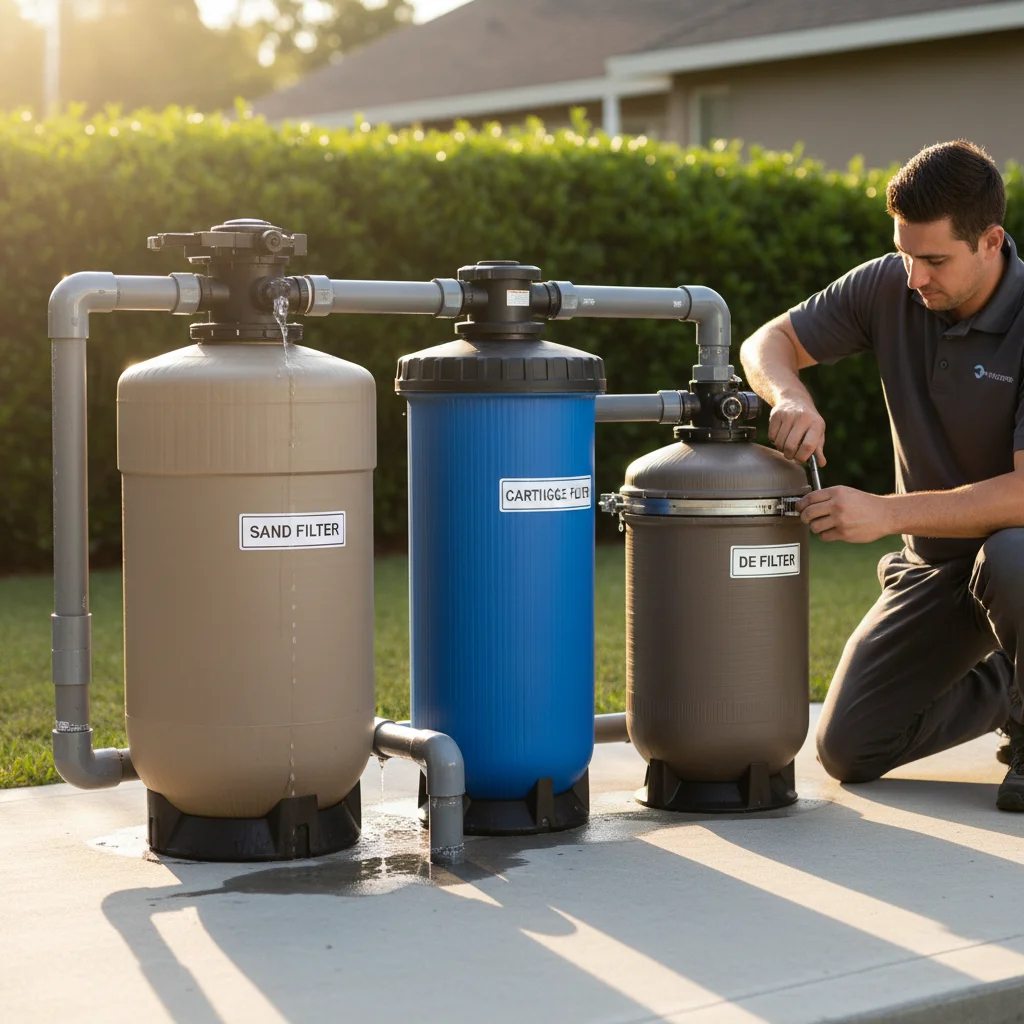 Three pool filters, sand, cartridge, and DE, lined up on a concrete equipment pad in morning light