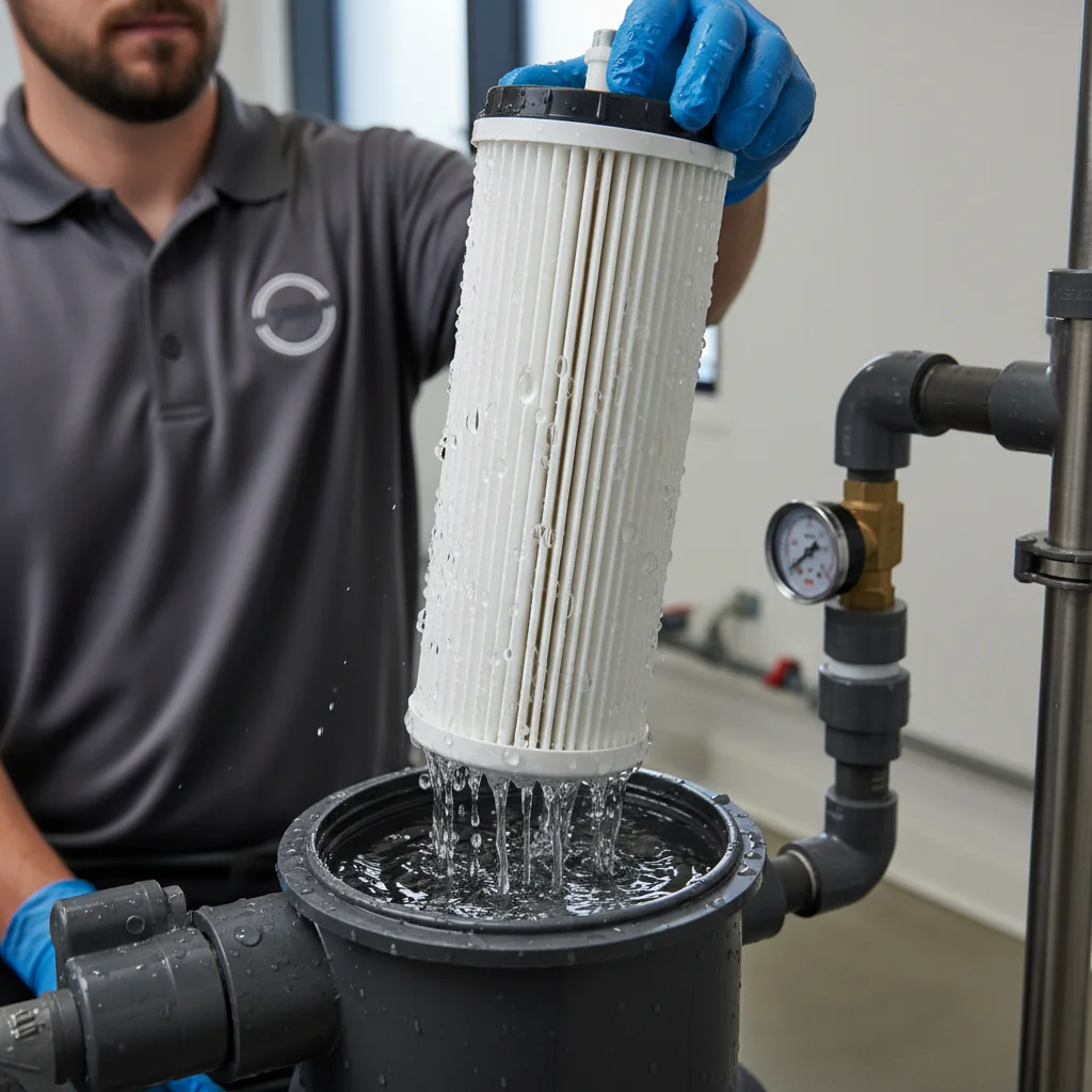 Gloved technician lifting a cartridge filter element from its housing, water beading off the pleats