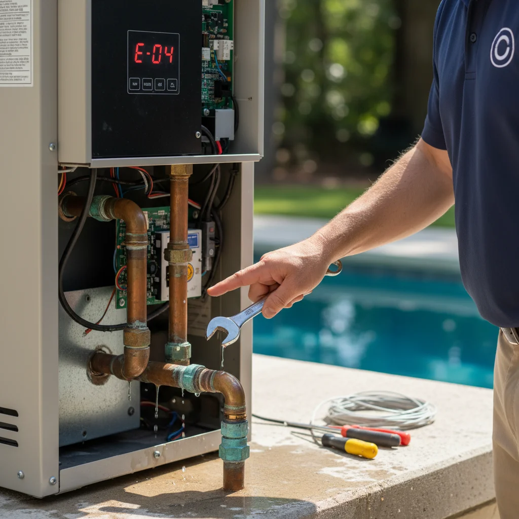 Close-up of a pool heater control board showing an error code with panel open and copper plumbing visible