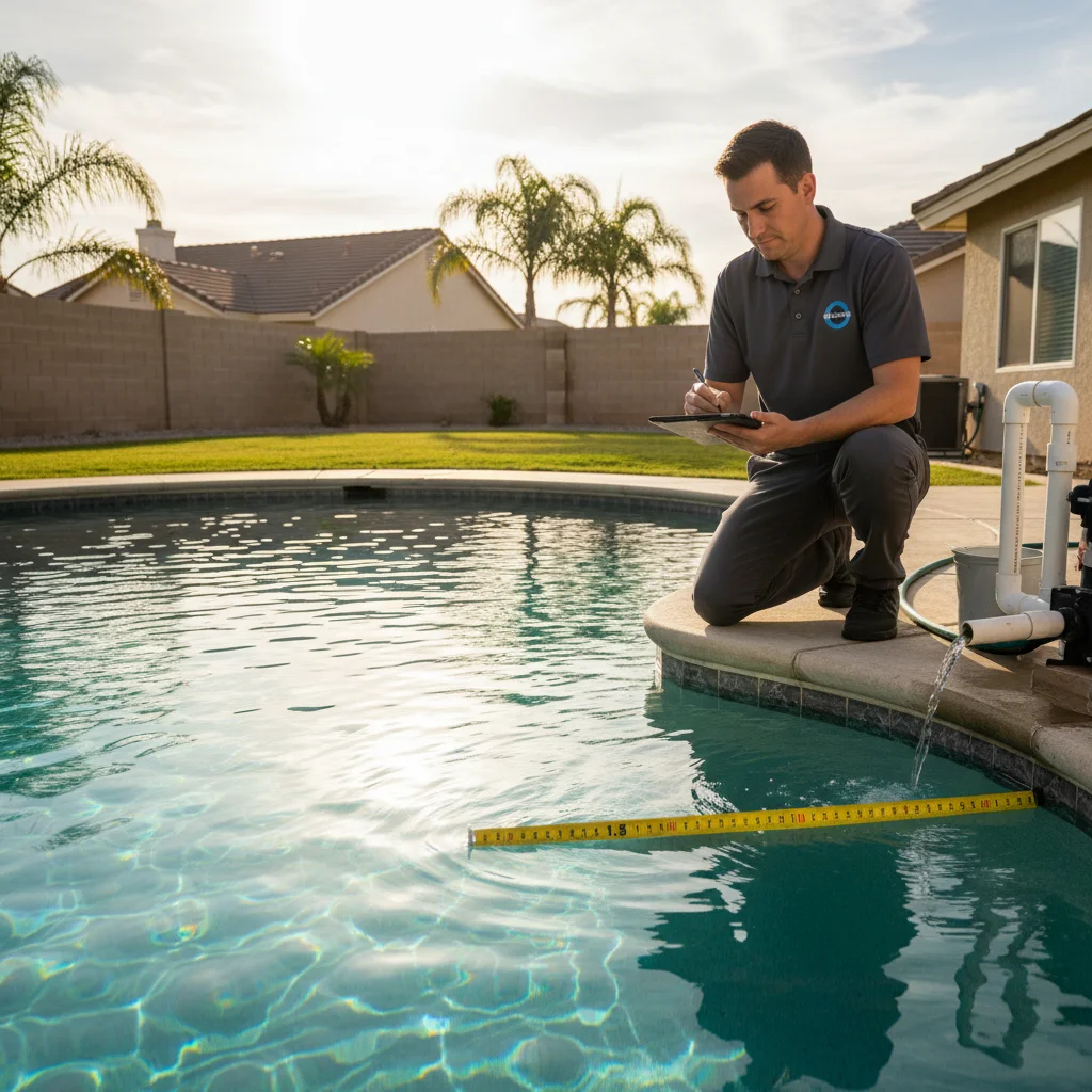 Chula Vista backyard pool with a tape measure at the waterline and a technician taking notes