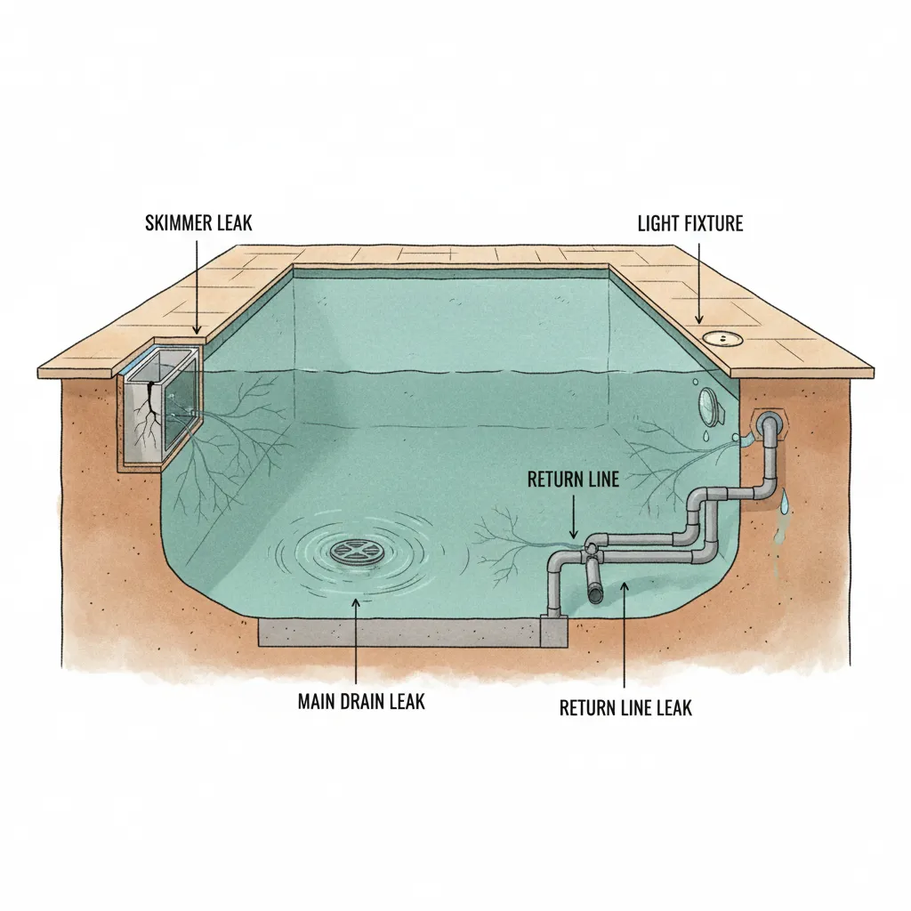 An illustration showing the common places a pool can leak: skimmer, main drain, return lines, and light fixtures.