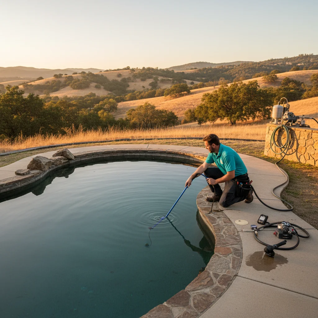 A swimming pool on a rural Fallbrook property, showing the unique landscape.