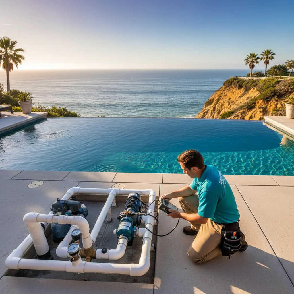 A pool service technician performs leak detection on a cliffside pool in La Jolla, CA.