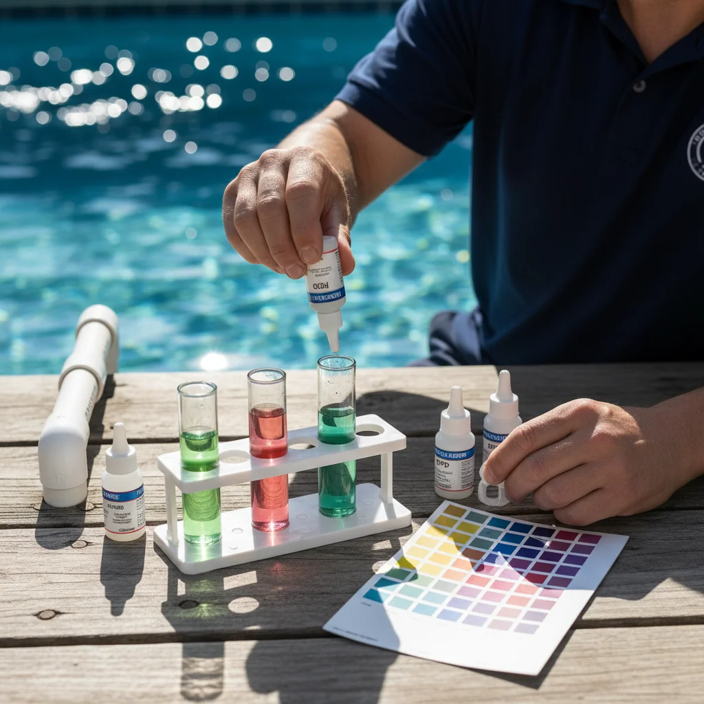 Pool test kit with water vials, color charts, and reagent bottles on a sunny deck