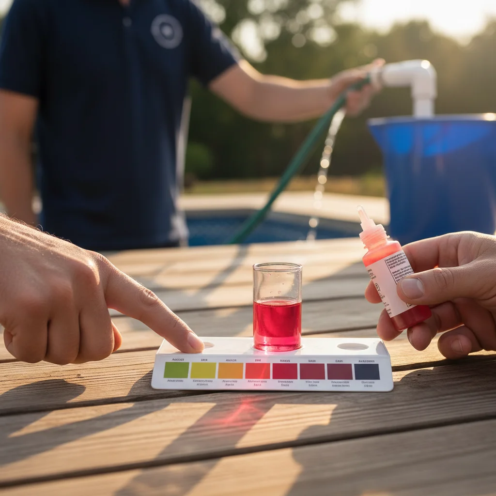 Pool test kit on a sunlit deck showing a pH vial turning bright pink-red next to a color chart
