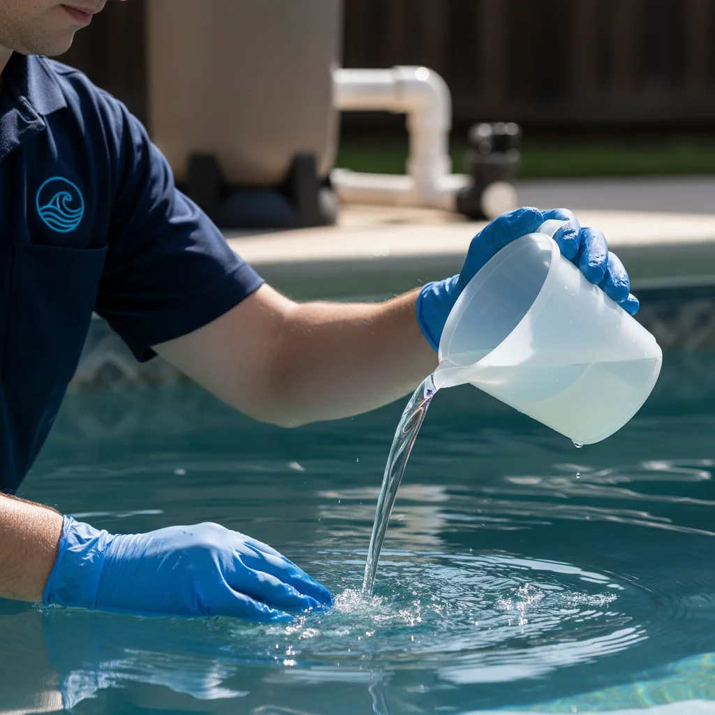 Gloved hand slowly pouring muriatic acid from a measuring cup into a pool, water surface rippling