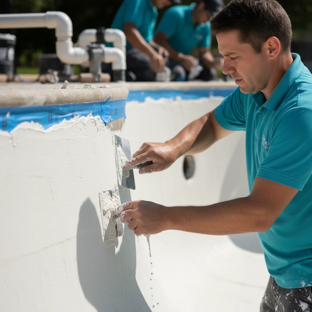 Professional pool technician applying a new coat of plaster with a trowel.