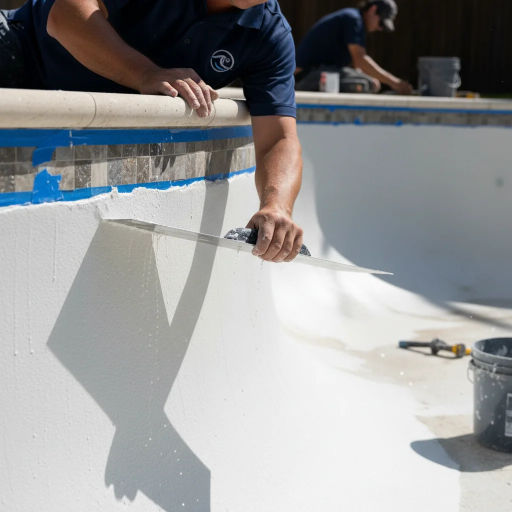 Pool plaster crew applying fresh coat with a steel trowel along a masked tile line