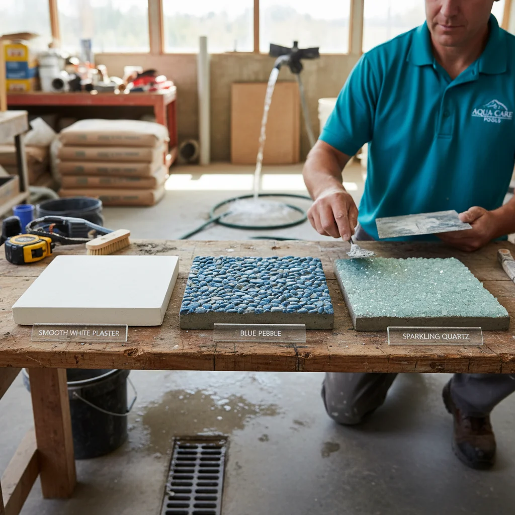 Three pool finish samples on a workbench, white plaster, blue pebble, and sparkling quartz in natural daylight