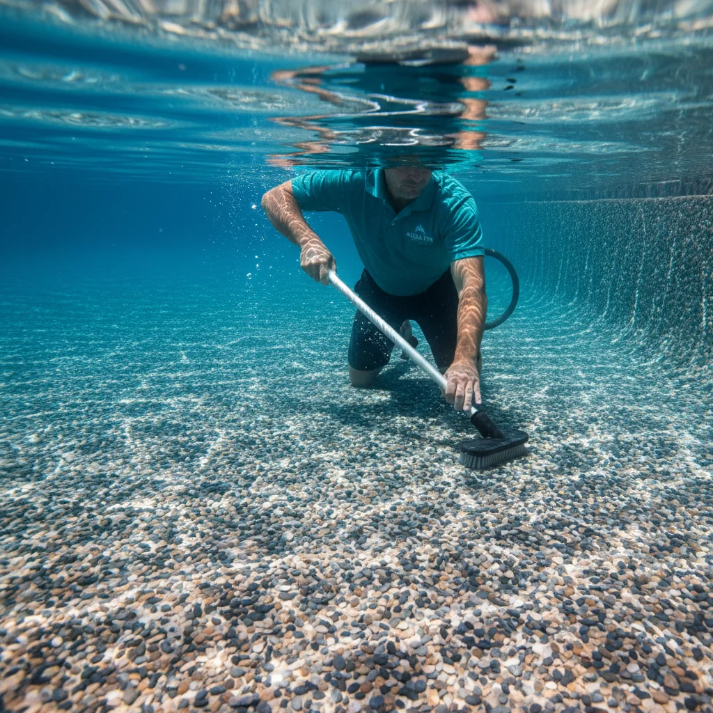 Close-up of a pebble pool finish underwater showing texture and small river stones with clear blue light