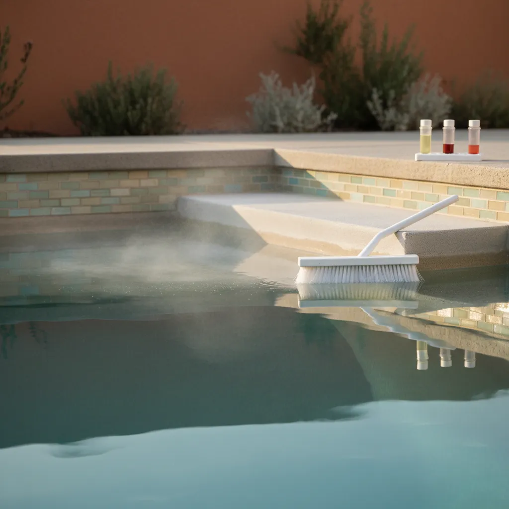 A pool brush against fresh white plaster with a faint cloud of plaster dust, plus a test kit on the step.