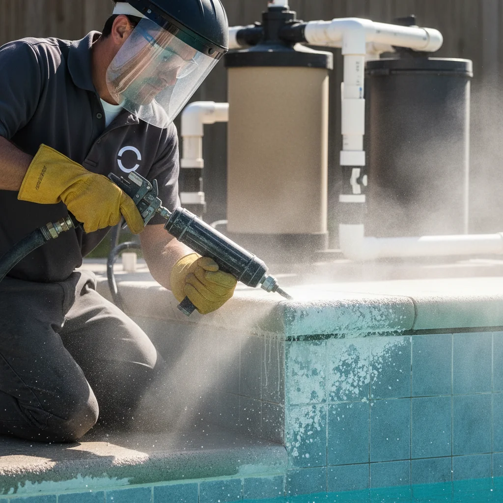 Technician using a bead blaster on pool tile with protective gear and safety goggles