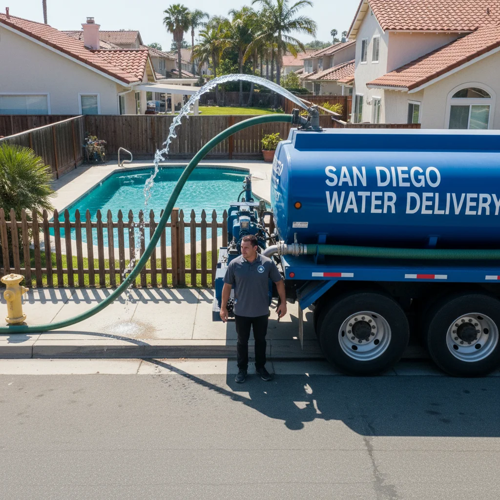 Water tanker truck parked at a San Diego curbside with a hose running over the fence into a backyard pool