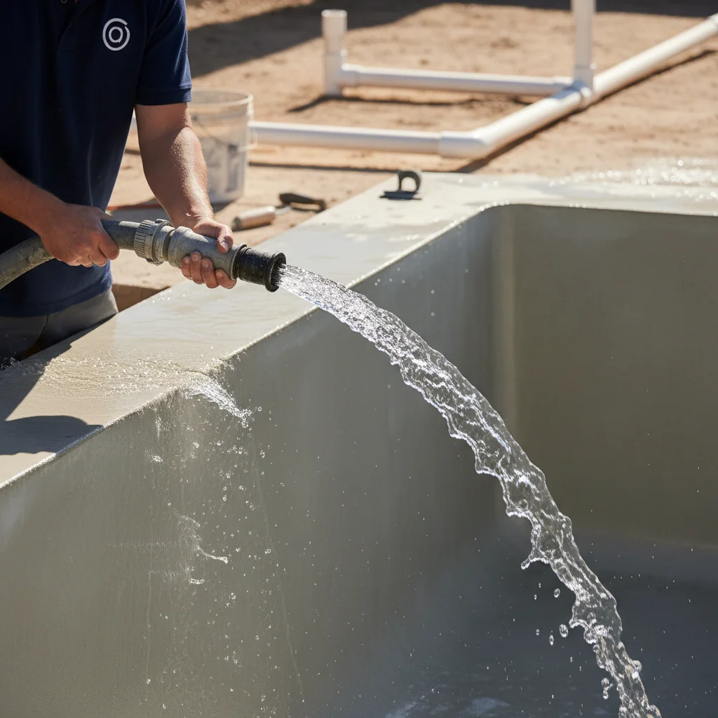 Clear water gushing from a delivery hose into a freshly plastered pool shell