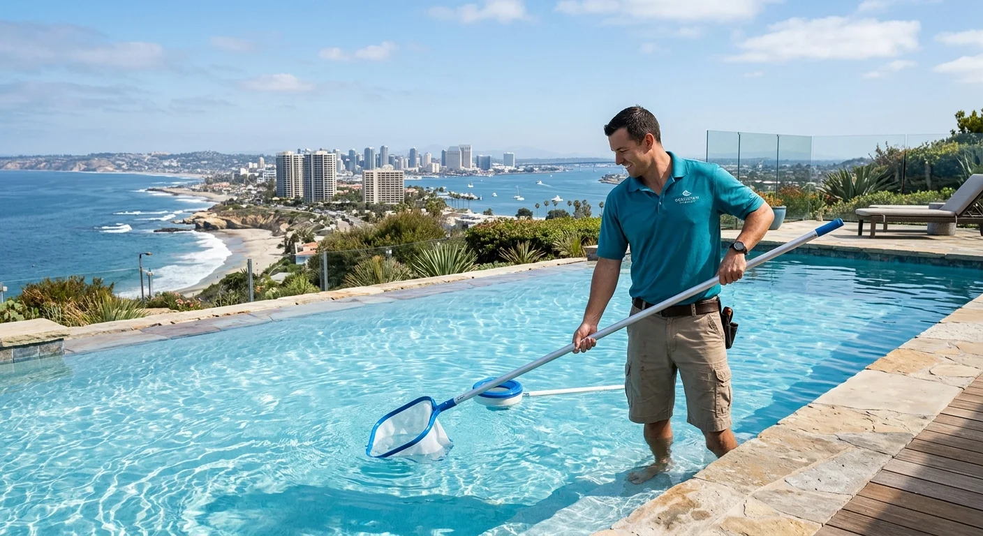 A clear, inviting salt water pool with the San Diego coastline visible in the distant background. The water looks soft and pristine.