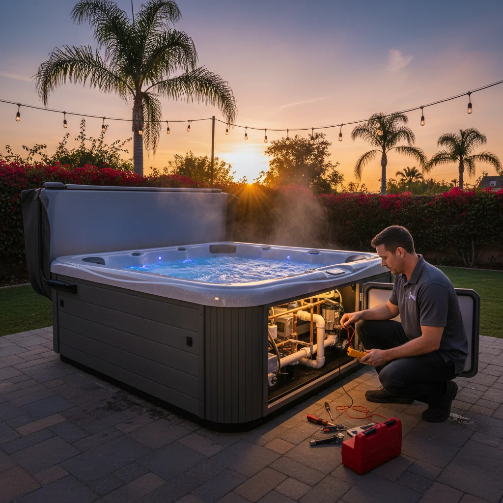 Technician kneeling at a hot tub access panel at dusk in a San Diego backyard