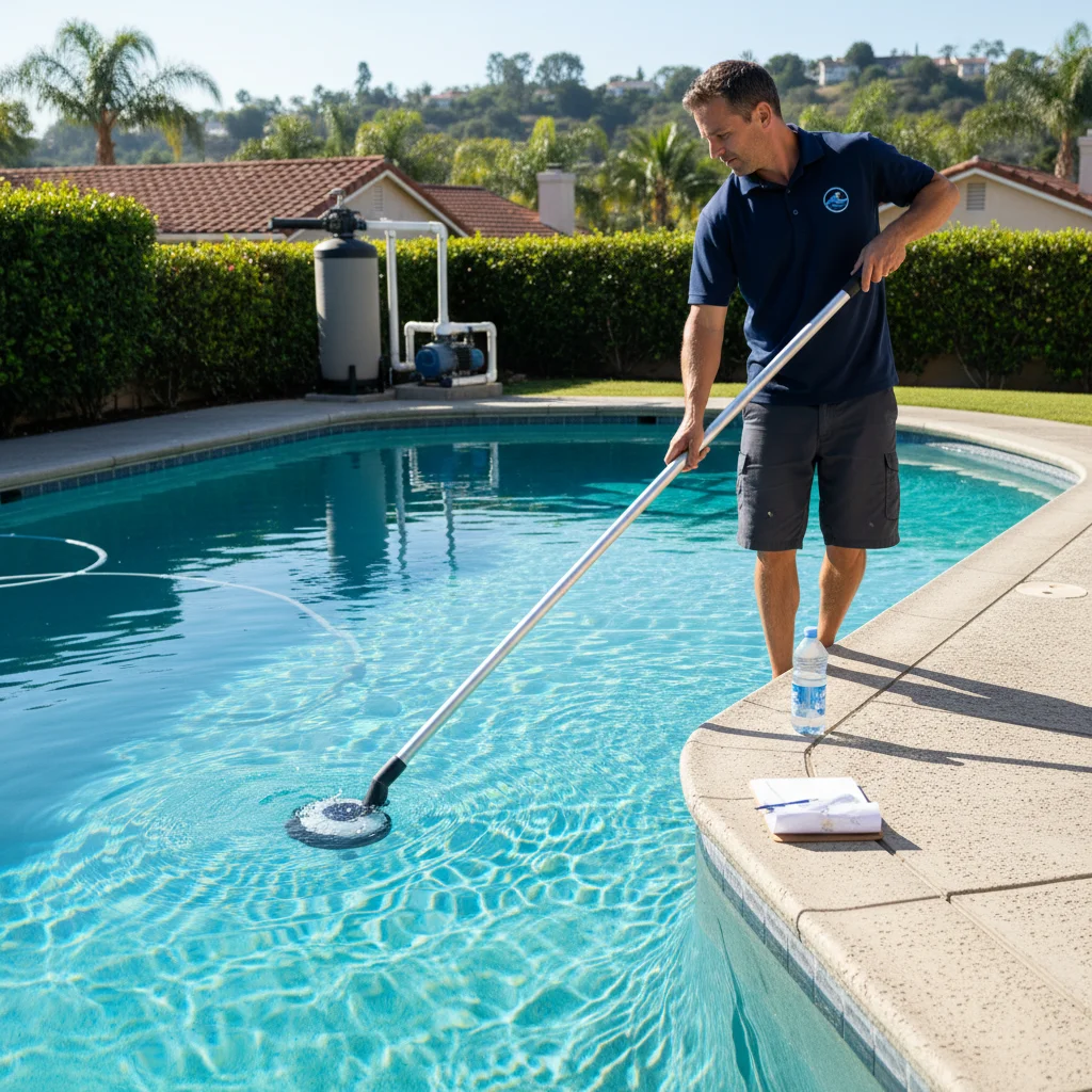 San Diego pool technician vacuuming a clean residential pool with a manual vac pole on a sunny morning